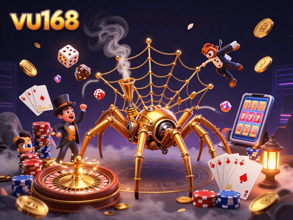 Experience thrilling gameplay on vu168 with a dynamic casino scene featuring steampunk elements, golden chips, and a captivating atmosphere.