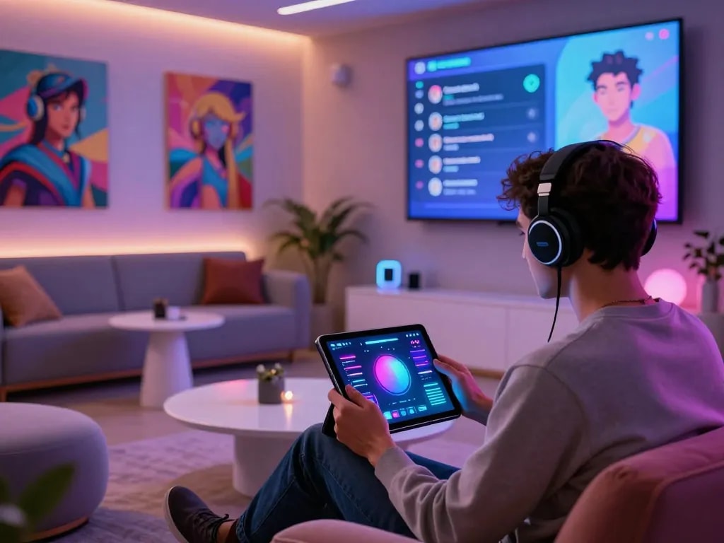 Engaging user interacting with a sex chat ai in a vibrant, modern digital lounge setting.