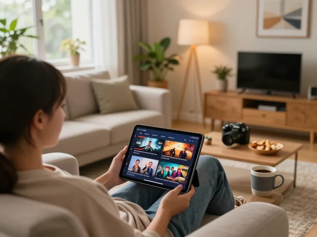 Enjoying ดูหนังออนไลน์ฟรี on a tablet during a cozy evening in a stylish living room.