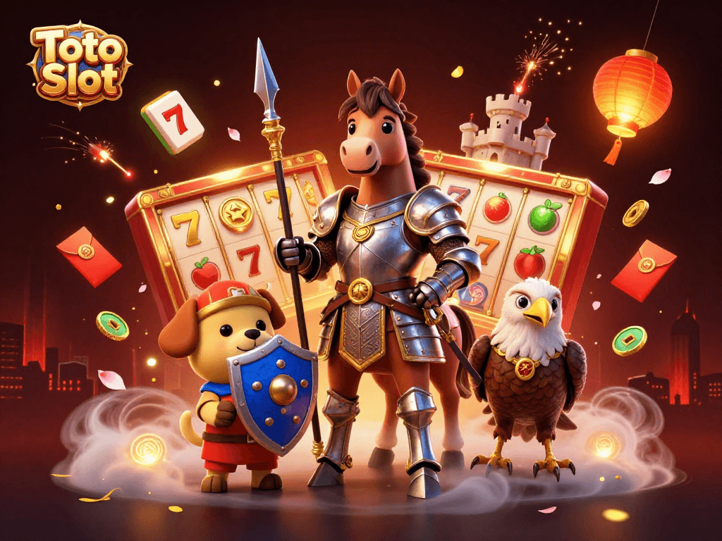 Toto Slot showcases vibrant slot reels and a medieval knight in a dynamic 3D illustration.