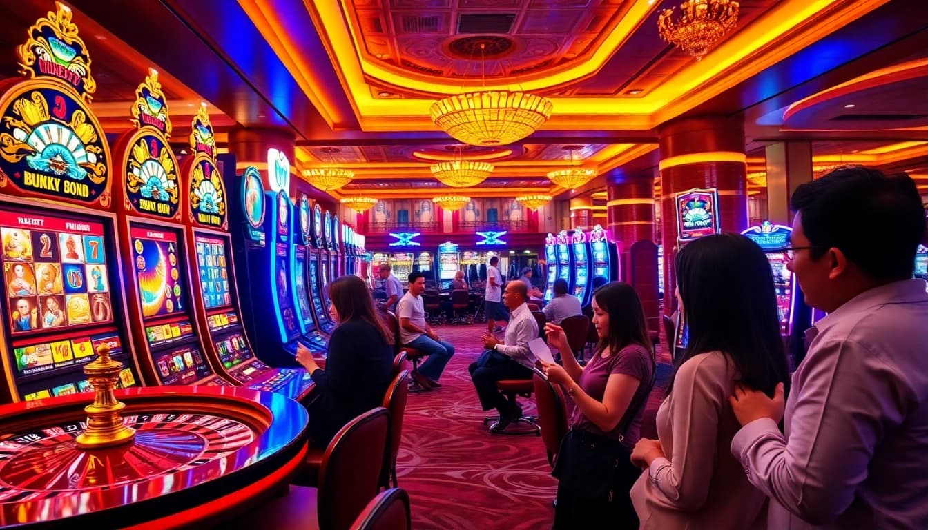 KTP Jitu players engaging with vibrant slot machines in a lively casino atmosphere.