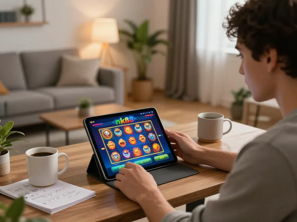 Engaging mobile gaming scene with nk88 app displaying vibrant slot games on tablet