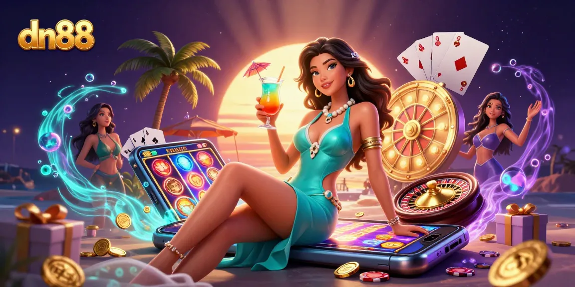 Spin thrilling slot games at dn88 in a vibrant beach casino illustration capturing excitement and glam.