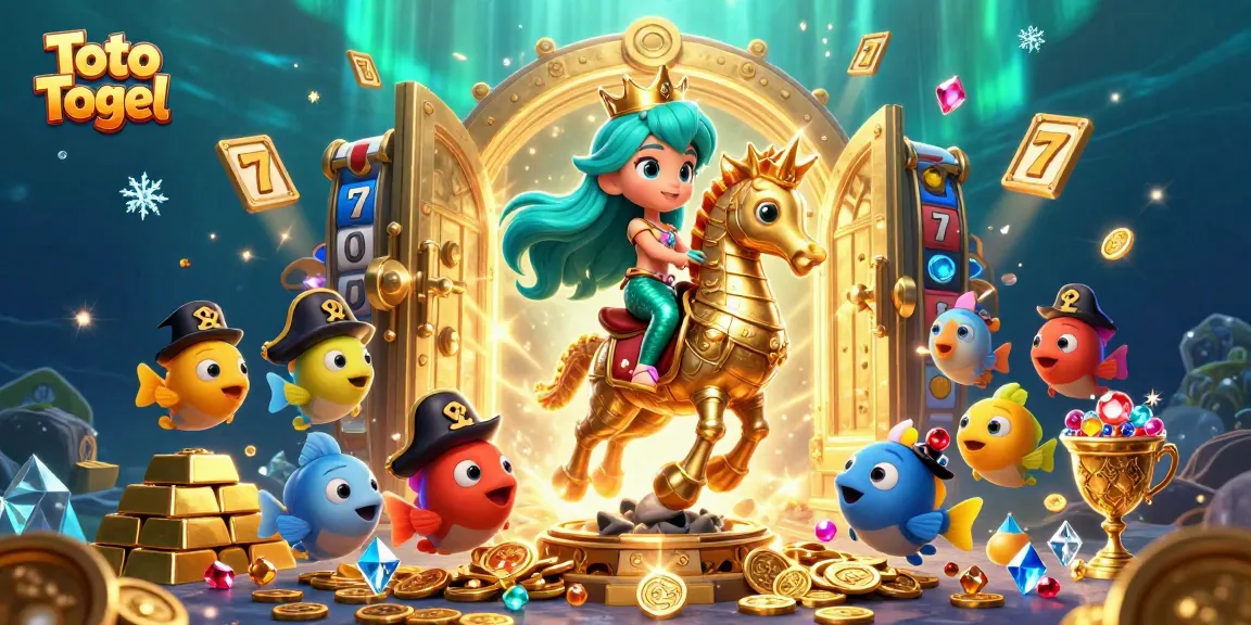 Toto Togel menghadirkan putri duyung 3D dan kuda laut emas dalam ilustrasi kasino yang ceria.