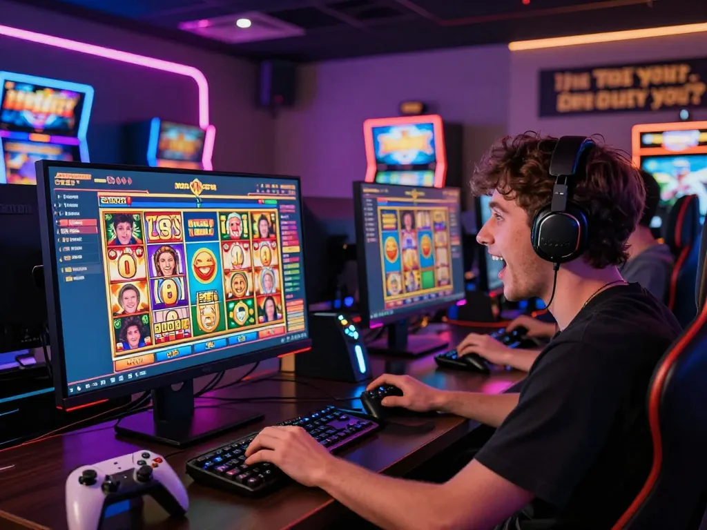 Engaged gamer enjoying rusuntogel online lottery and slot gaming in a vibrant digital environment.