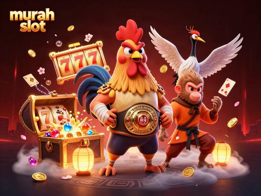 Putar slot murah dengan simbol jackpot dan karakter unik di latar belakang berwarna cerah.