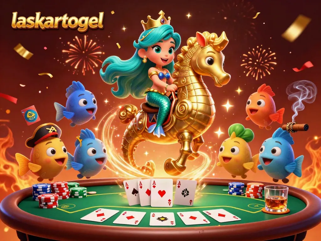 Experience thrilling gameplay with laskartogel's colorful 3D casino illustration showcasing a mermaid and poker elements.