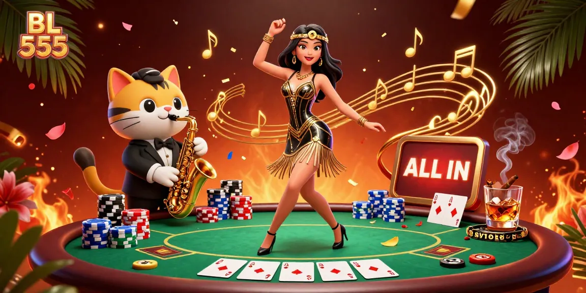Engage in the excitement of BL 555 with a festive casino scene featuring vibrant game elements and lively characters.