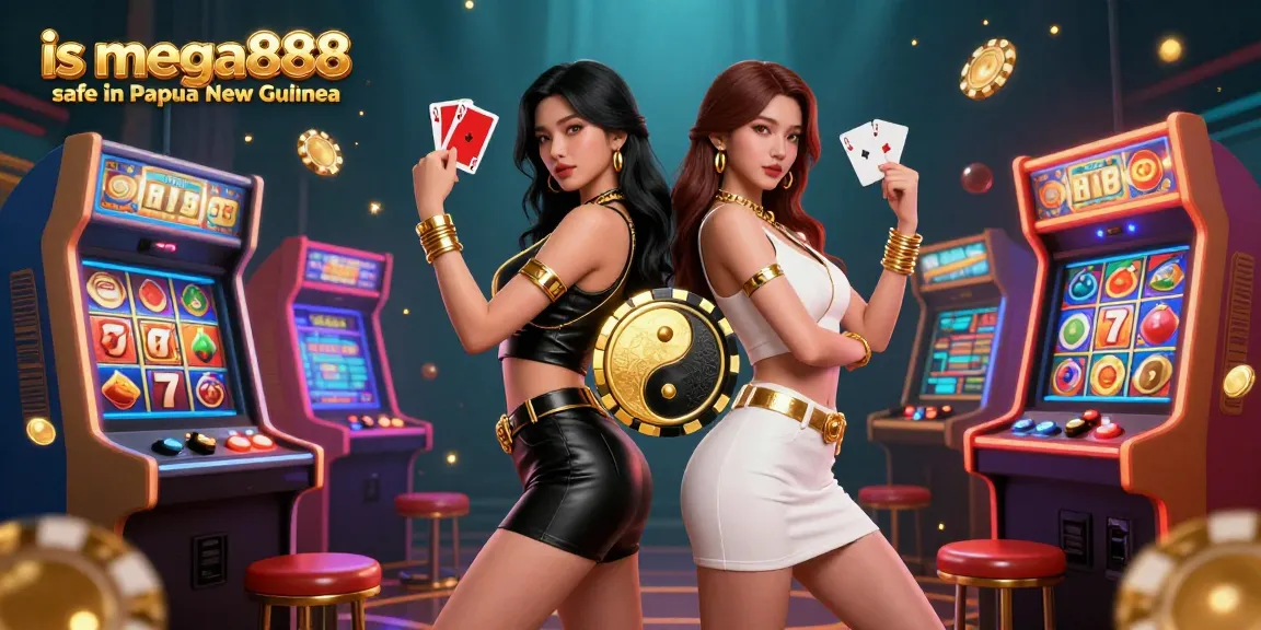 Engage with is mega888 safe in Papua New Guinea through a dynamic casino gaming illustration featuring twin Asian women.