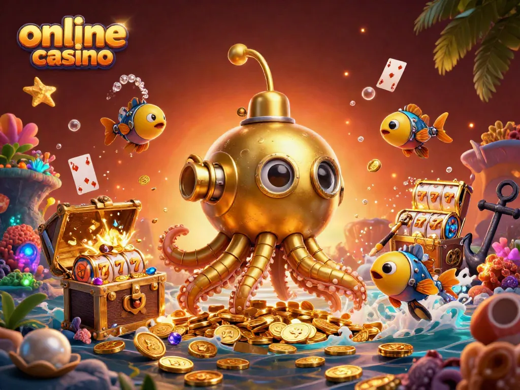 Experience vibrant gameplay action at the online casino with a golden kraken and swirling slot reels.