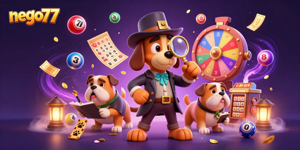 Nego77 showcases a detective and bulldog discovering treasure amidst vibrant lottery elements.