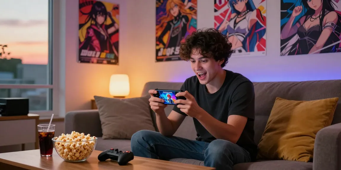 Engaged player enjoying mobile hentai games on a cozy couch with anime decor.