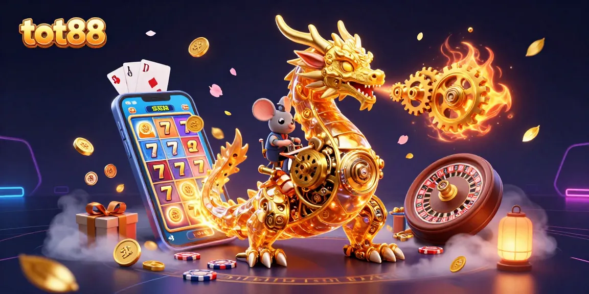 Experience thrilling gameplay with tot88, featuring a golden dragon amidst colorful casino elements.