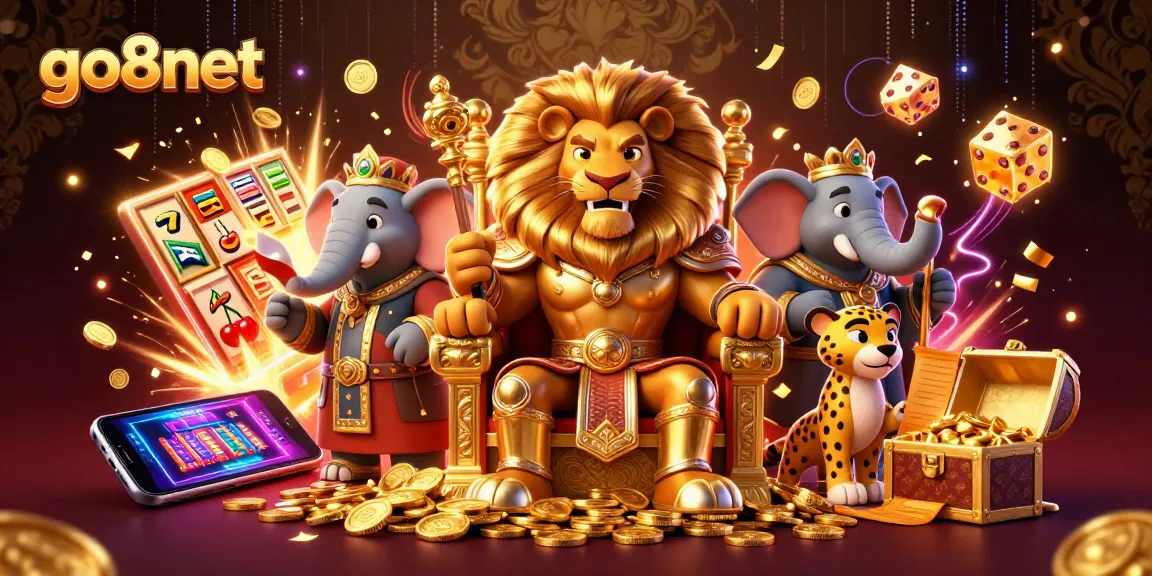Engage with go8net through an immersive casino adventure featuring a lion king and gambling symbols.