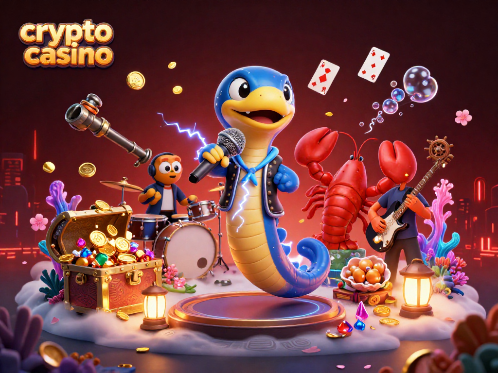 Experience the vibrant crypto casino atmosphere with an electric eel DJ and underwater treasures.