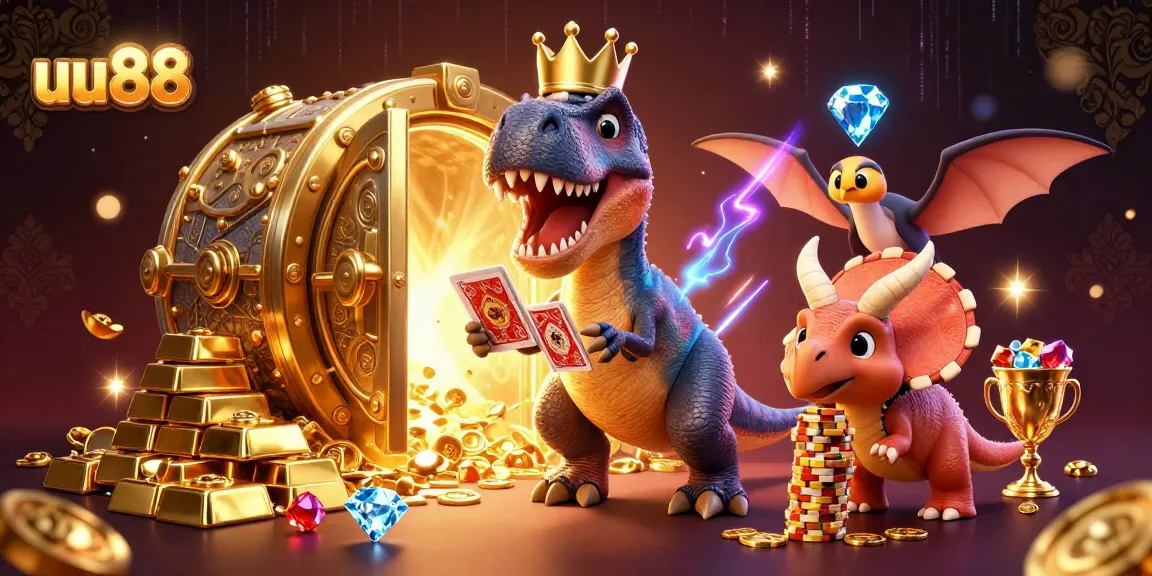 uu88 T-Rex gaming scene featuring dynamic characters and gold rewards in a vibrant casino atmosphere