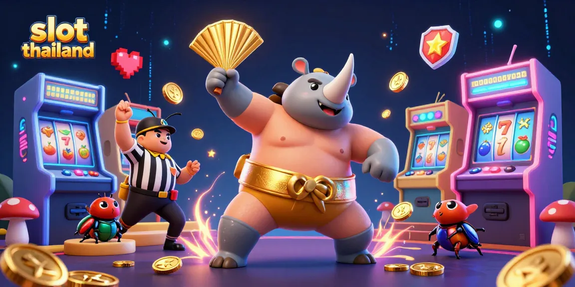 Experience gaming excitement with slot thailand featuring a beetle champion surrounded by dazzling game elements.
