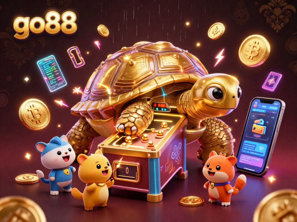 Join the fun at go88, where a giant tortoise encapsulates a pinball machine in a vibrant casino scene.