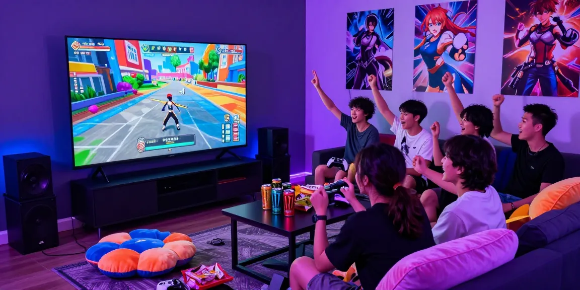 Friends enjoying a lively gaming session playing a hentai game in a vibrant gaming room.