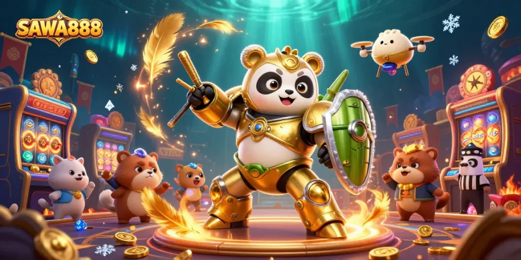 SAWA888 showcases a vibrant casino-themed battle scene with a golden panda and dynamic gaming elements.