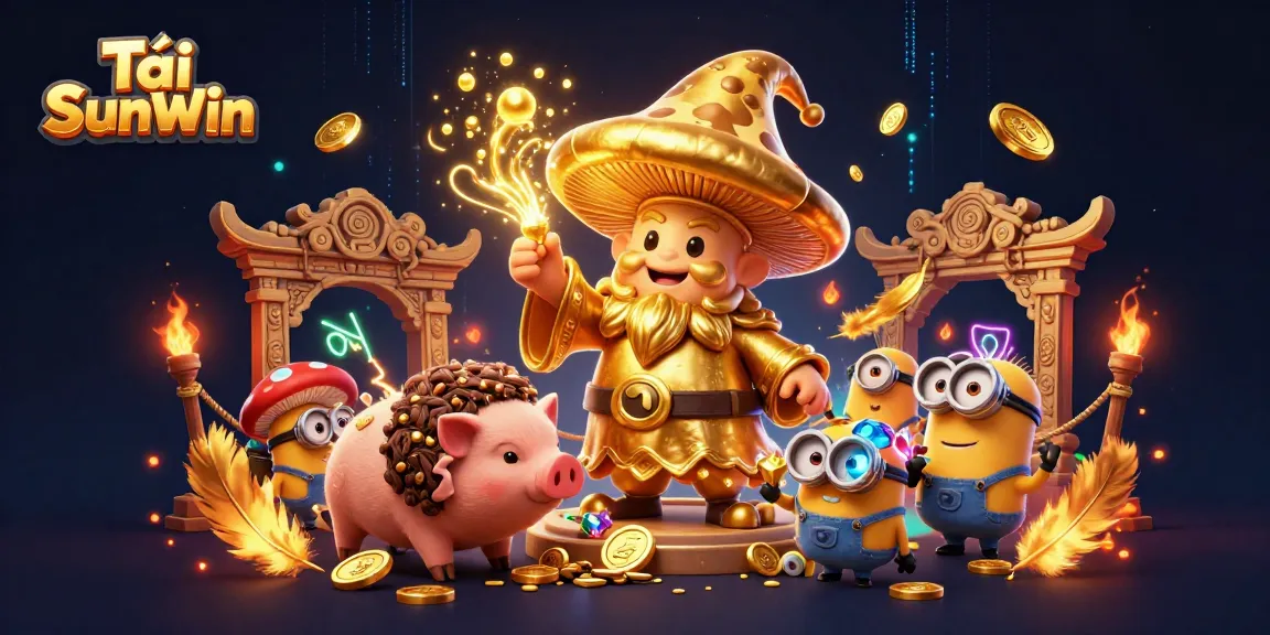 Tải SunWin transforms fortunes with a magical golden wizard and treasure-locating pig in a lively casino scene.