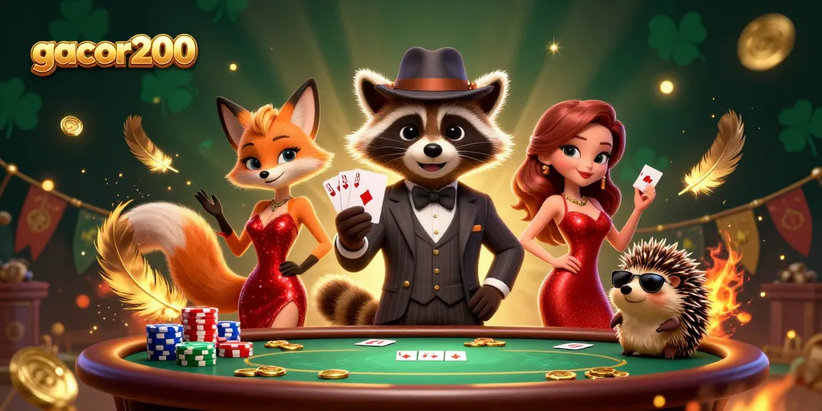 Experience thrilling poker action with gacor200's exciting illustration of a suave raccoon and friends!