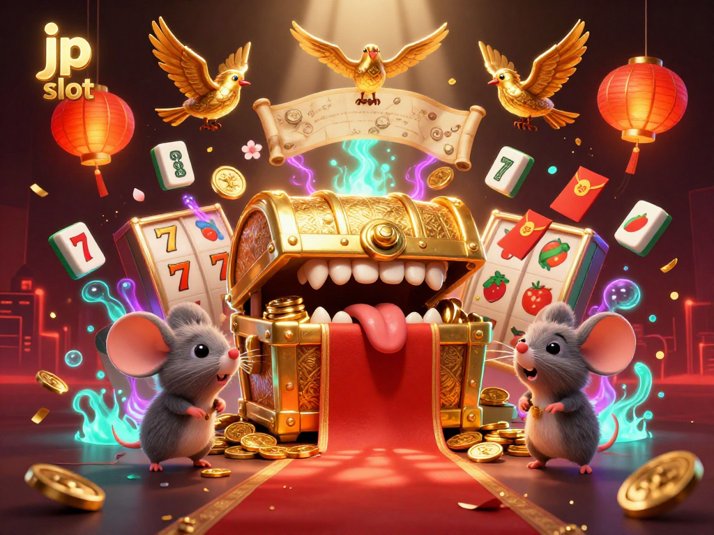Experience the excitement of jp slot with a golden treasure chest and slot reels amidst rich, dynamic decorations.