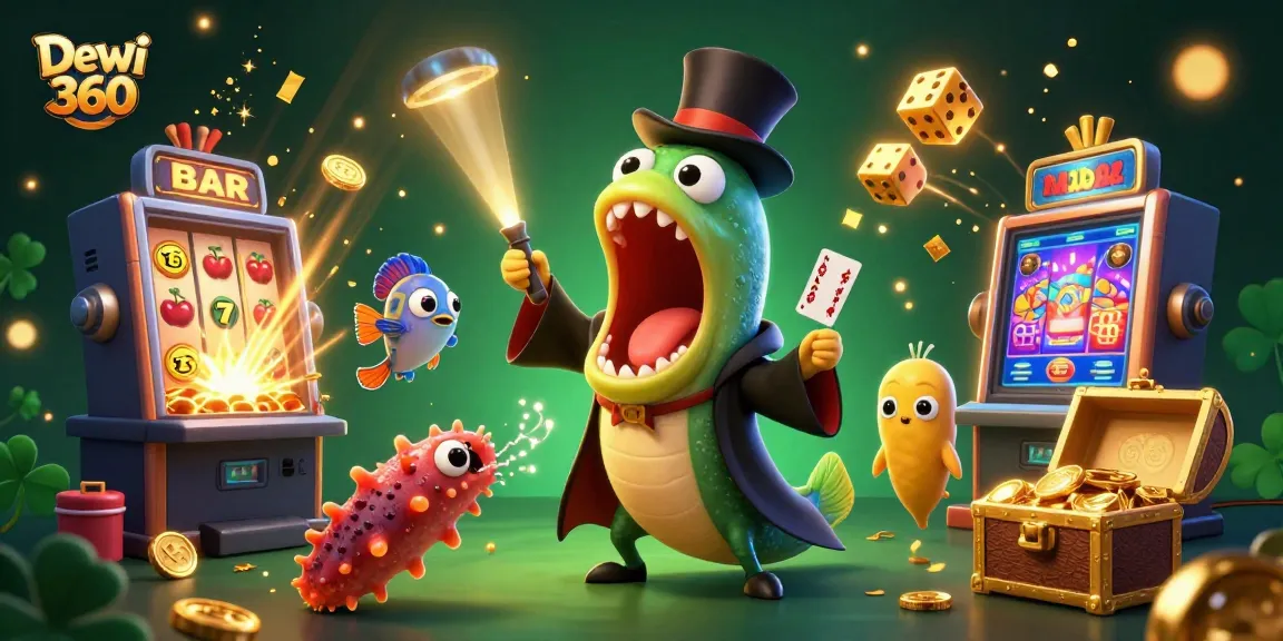 Dewi 360 menampilkan gulper eel bermain kartu di kasino digital dengan slot mesin dan jackpot.