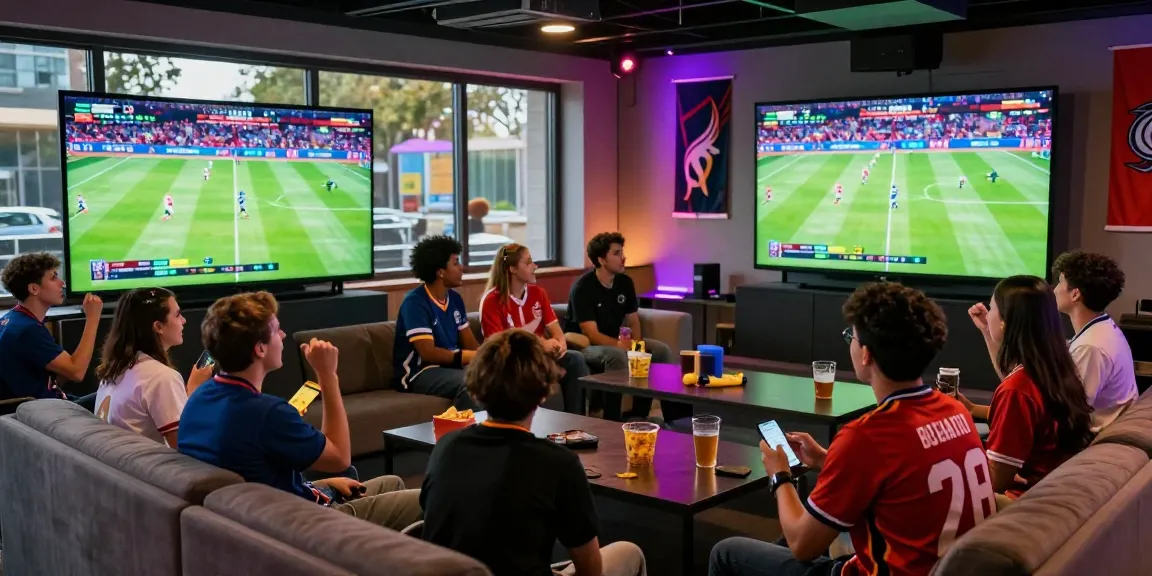Fans enjoying koora live sports streaming in a lively lounge.