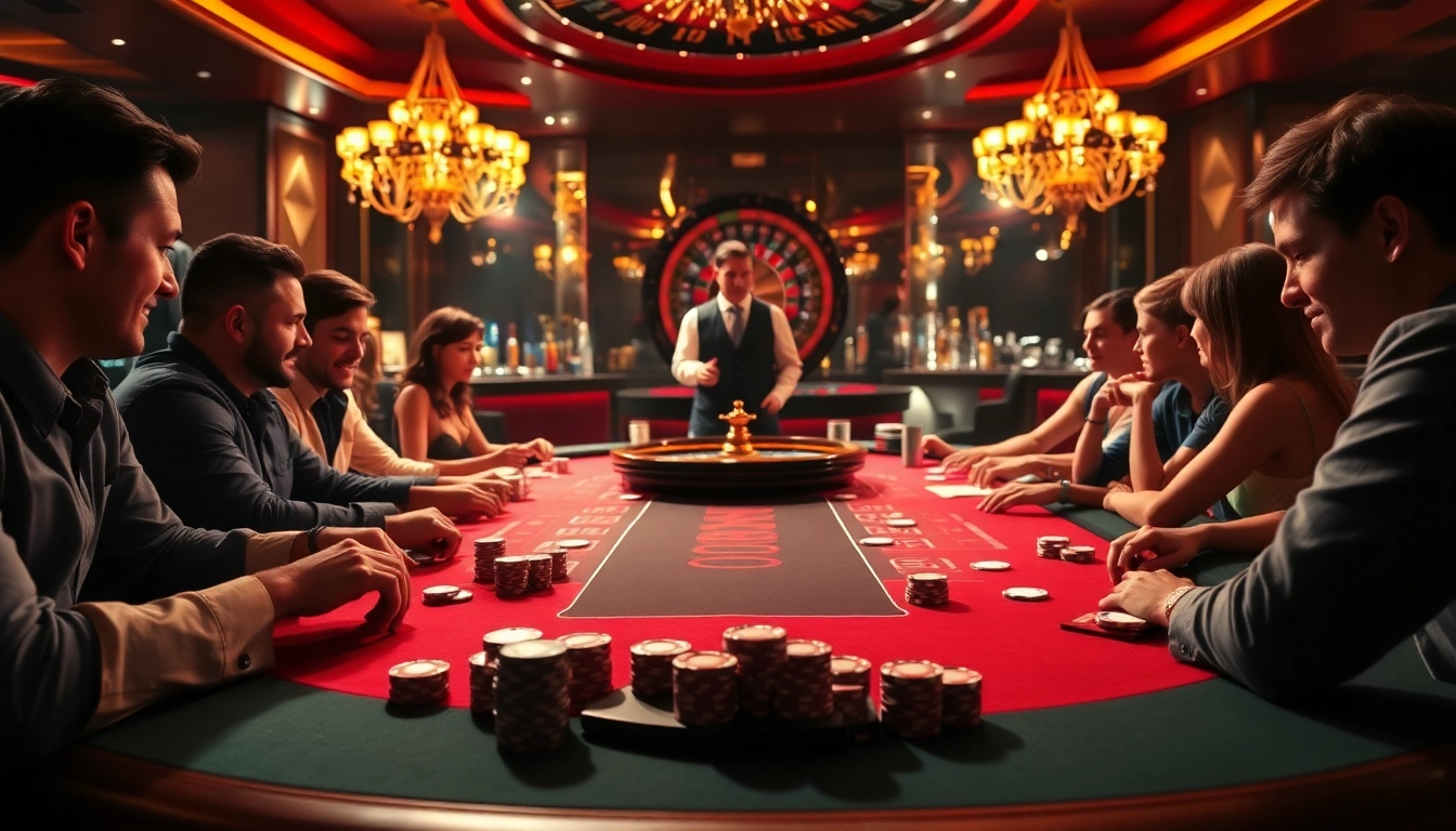 Players enjoying an exciting poker game at 88i casino, with vibrant atmosphere and luxurious decor.