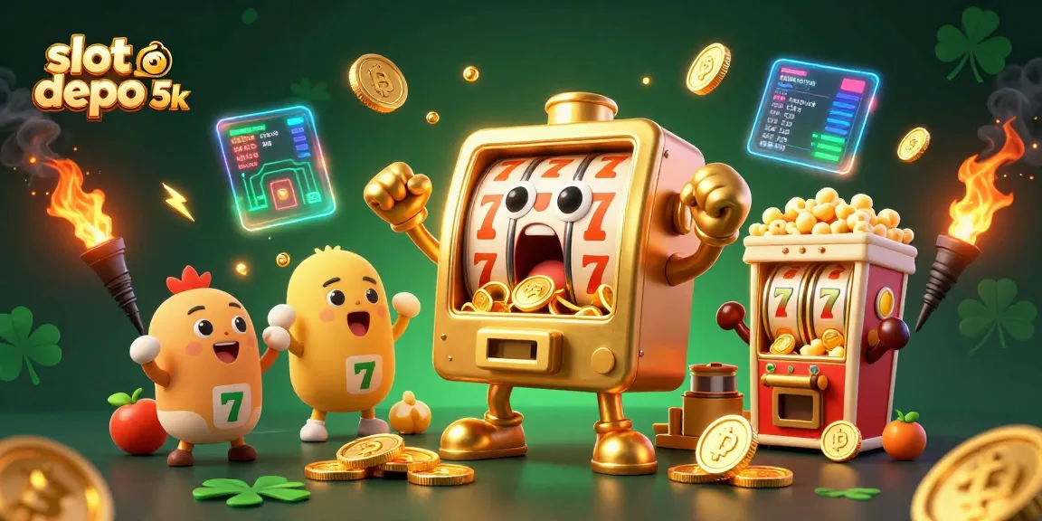 Slot depo 5k menghadirkan mesin slot emas yang berinteraksi dalam momen kemenangan dengan koin berjejer.