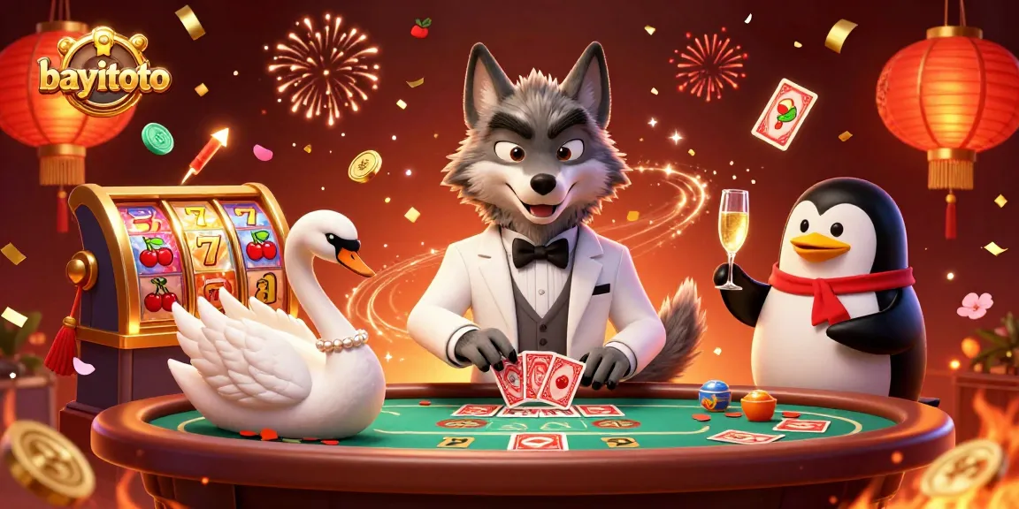 Experience the rich gaming atmosphere with bayitoto, featuring a debonair wolf and elegant characters at a bustling slot table.