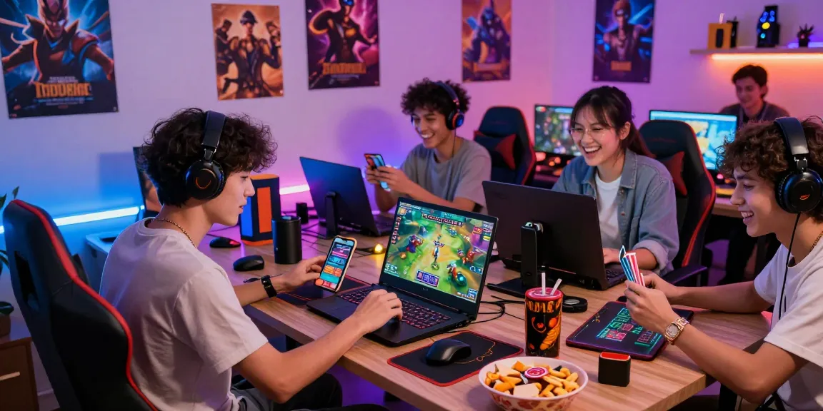 Engaging online gaming atmosphere at gamebaidoithuong.is with players involved in card games and vibrant decor.
