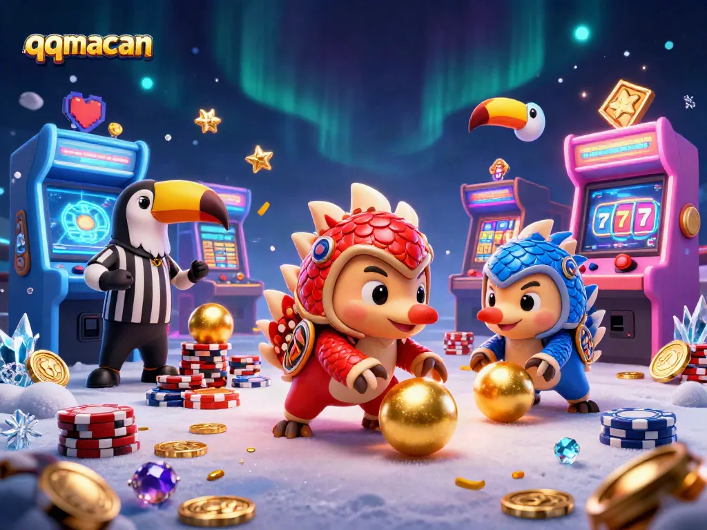 qqmacan pangolins compete in a vibrant casino-themed arcade, featuring poker chips and colorful gaming elements