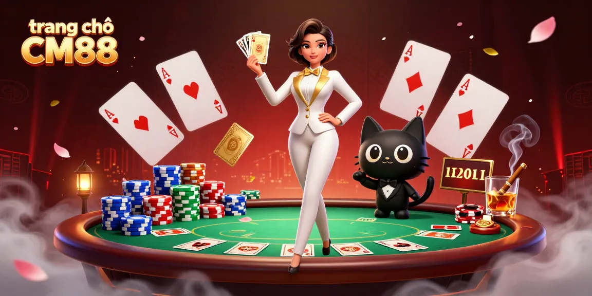 Engage with trang chủ CM88 as a glamorous woman shuffles cards with a stylish cat, amidst vibrant casino elements.