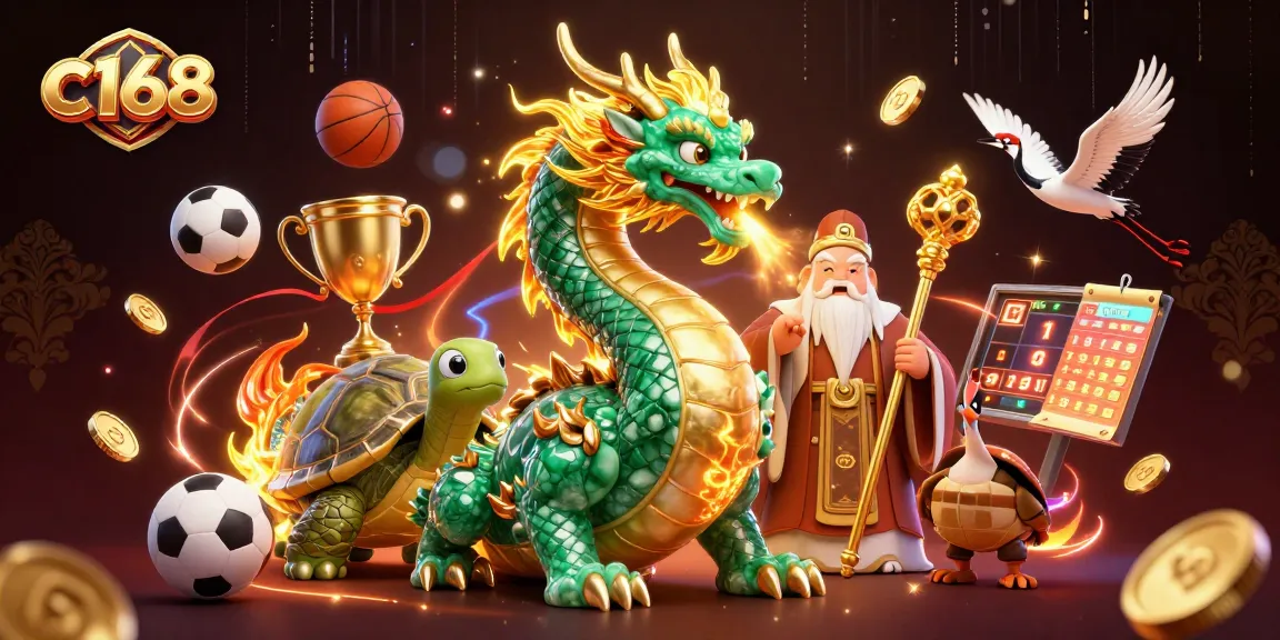 C168 casino illustration featuring a jade dragon, turtle sage, and lucky cranes amidst sports elements.