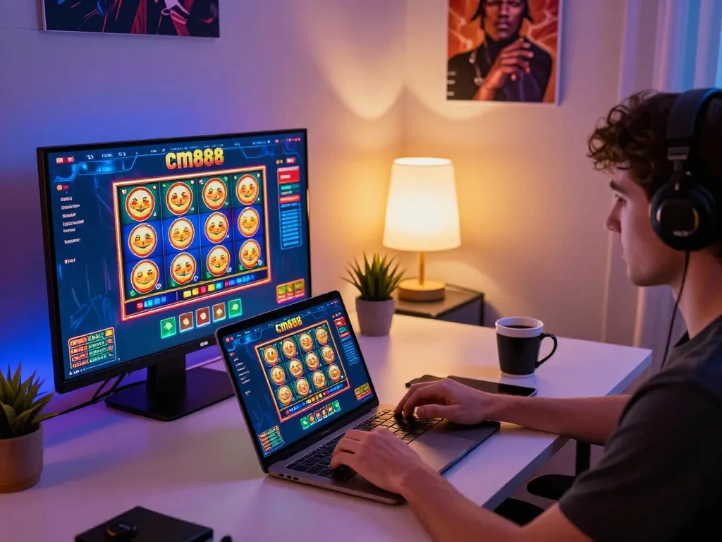 Engaging gameplay with the cm888 casino interface on a laptop, warm cozy home gaming atmosphere