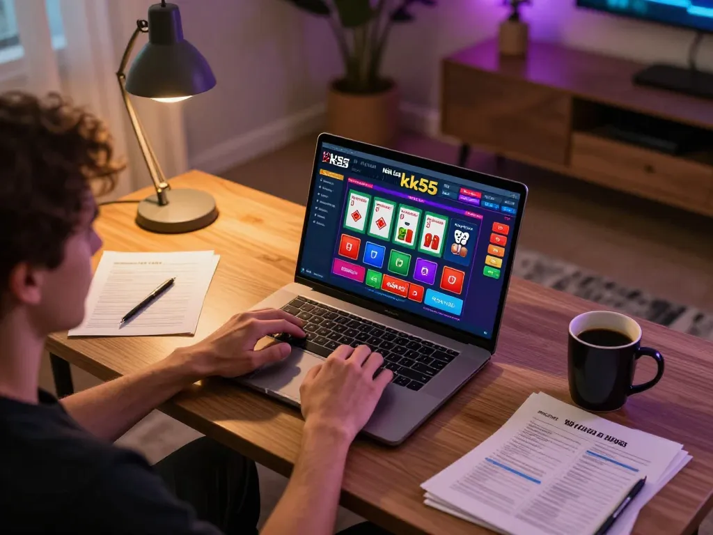 Experience online casino gaming with Nhà cái kk55 in a cozy home environment, engaging with games and strategies