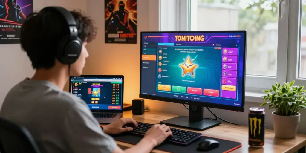 Engaging togel online gaming setup with vibrant graphics and cozy workspace atmosphere.