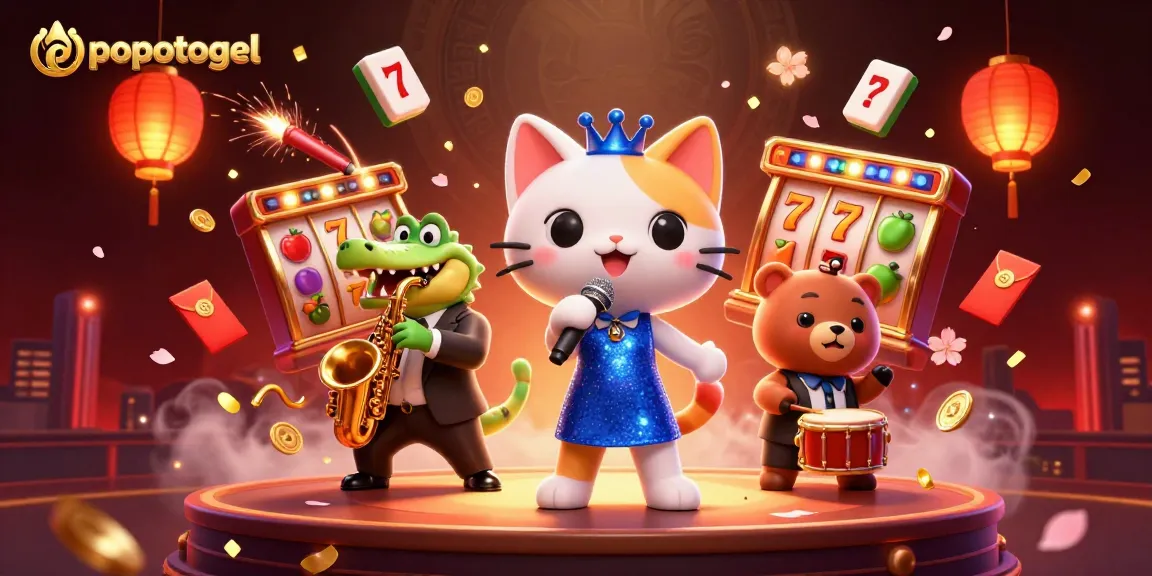Experience popotogel's vibrant casino atmosphere with characters enjoying slot games and lively interactions.