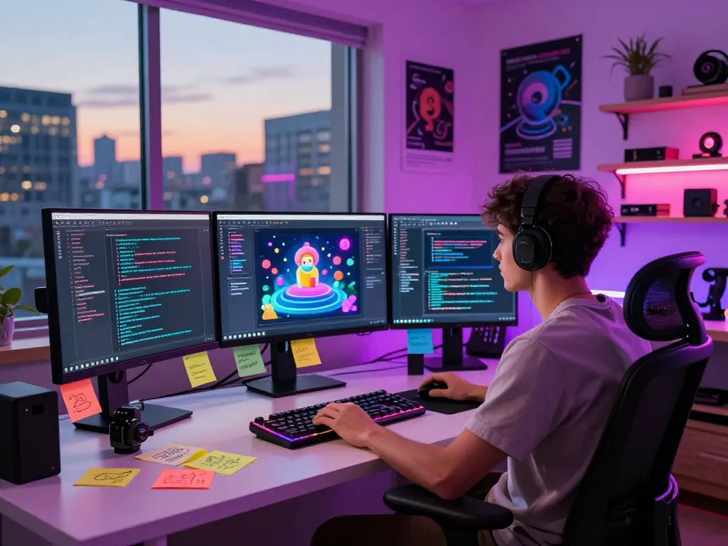 Engaging workspace with NSFW AI development scene featuring a programmer and interactive chat interface.