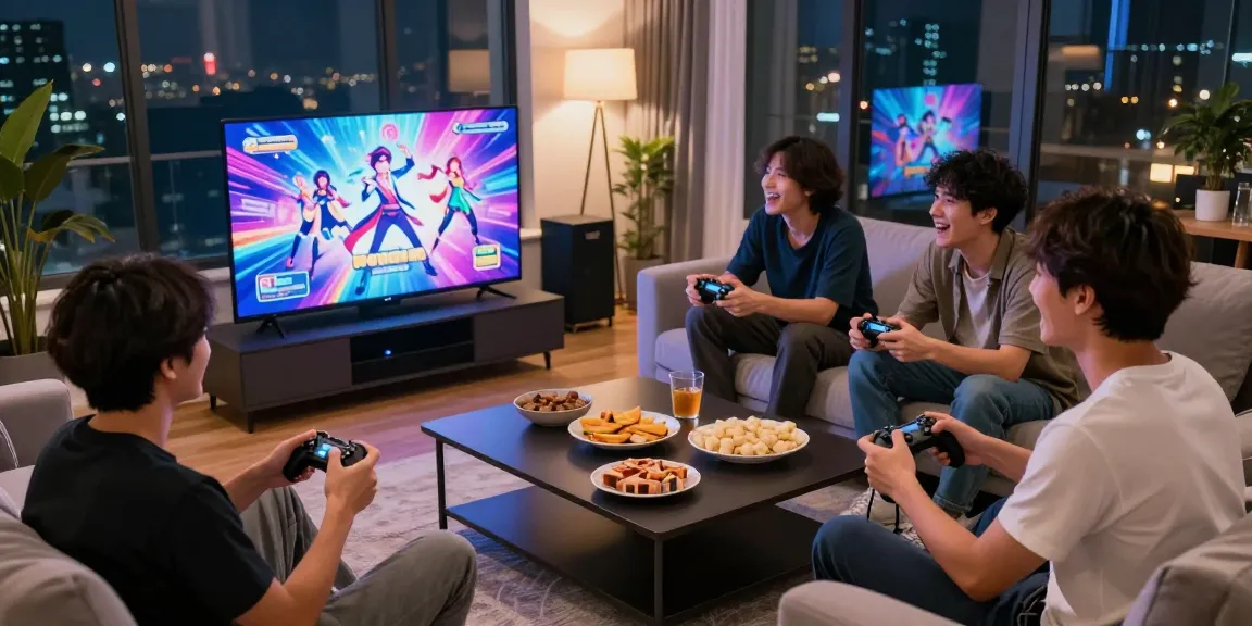 Group playing an ecchi game in a cozy living room filled with vibrant graphics and snacks.