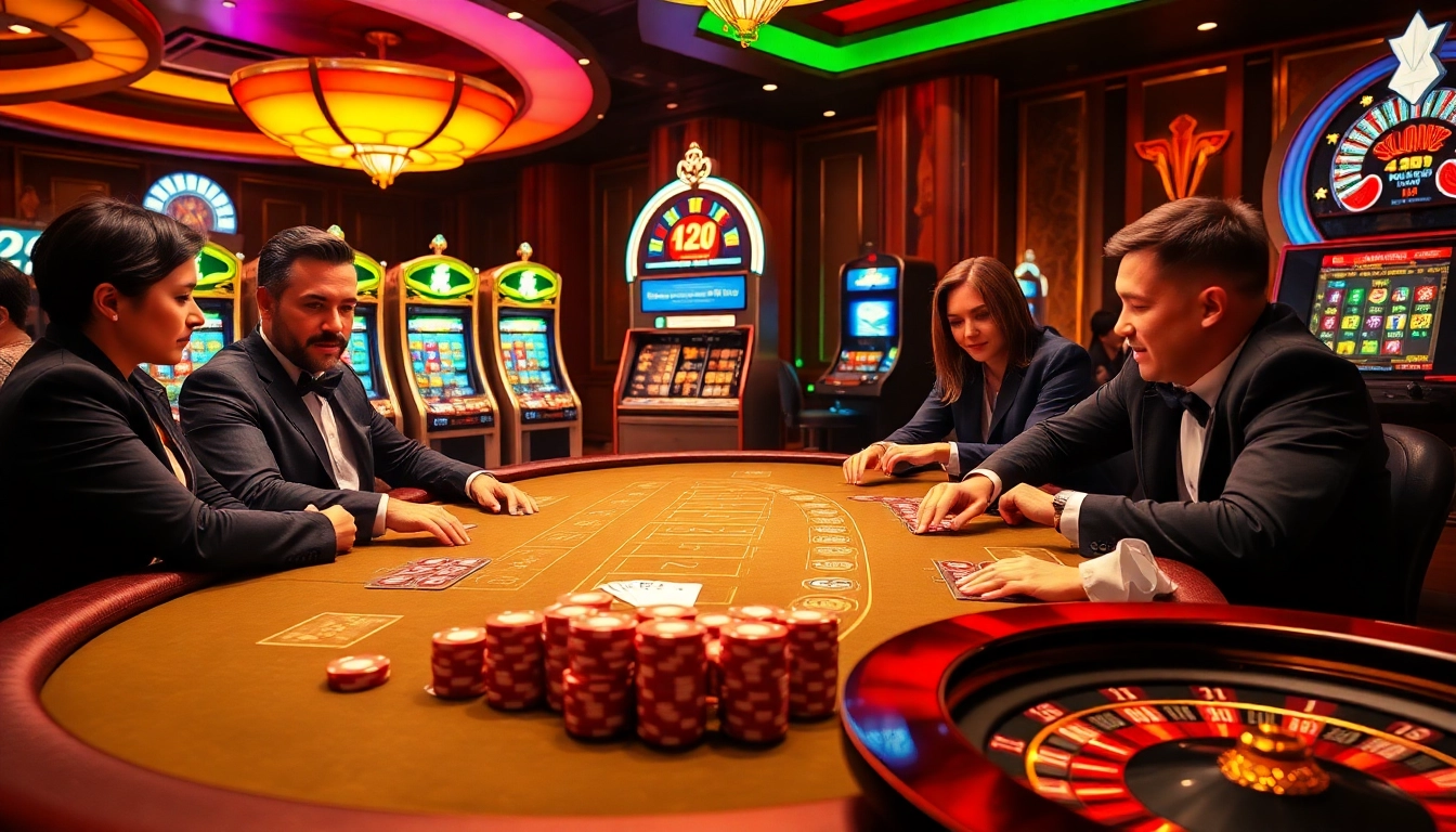 Engaged players enjoying the BJ 888 casino experience at a vibrant gaming table with poker chips and roulette.