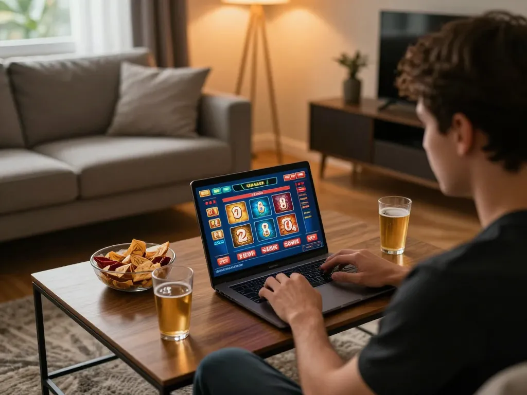 Engaging in online gaming at home using GO88 for optimal gambling experience, highlighting cozy setup.