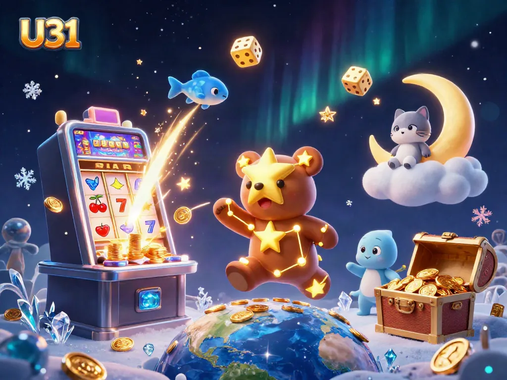 Experience the thrill of U31 as the constellation bear scoops coins amidst vibrant casino elements.
