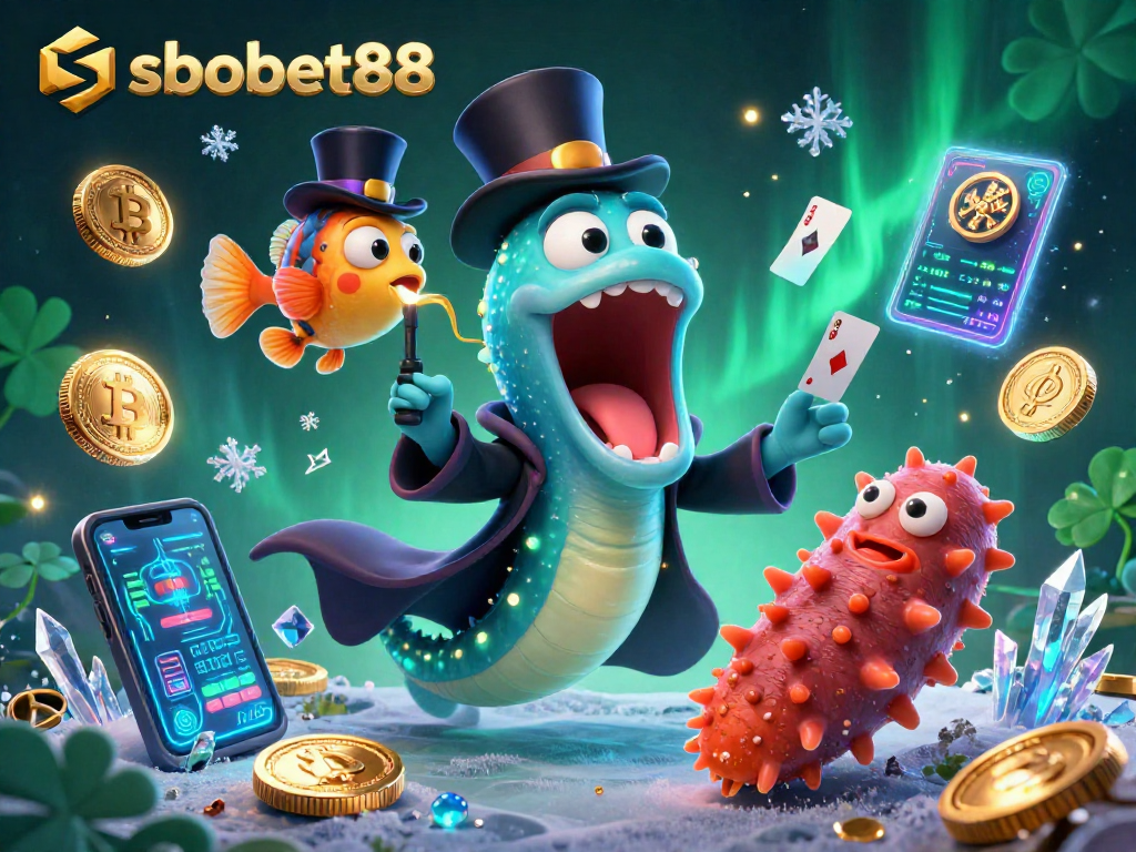 sbobet88 showcases an enchanting scene with colorful characters performing magic and modern gambling elements.