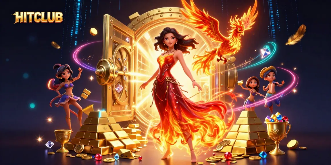 Experience the thrilling world of HITCLUB with a stunning Asian woman amidst dazzling treasures and a fiery phoenix.
