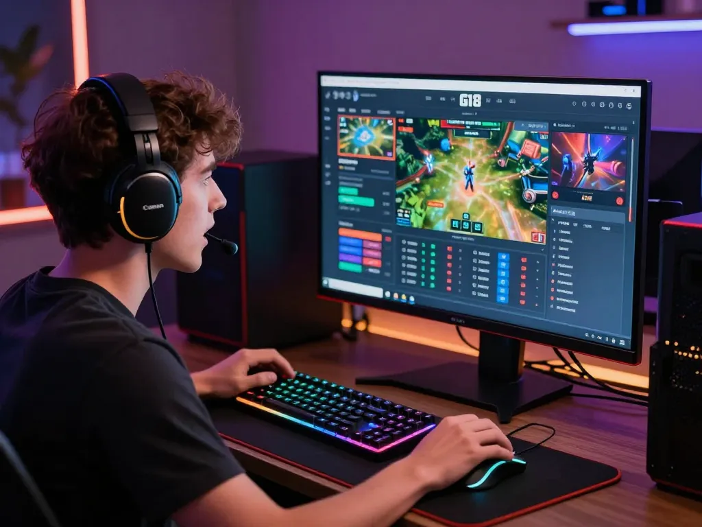 Engaged gamer using the GI8 platform with colorful gaming setup and betting interface.
