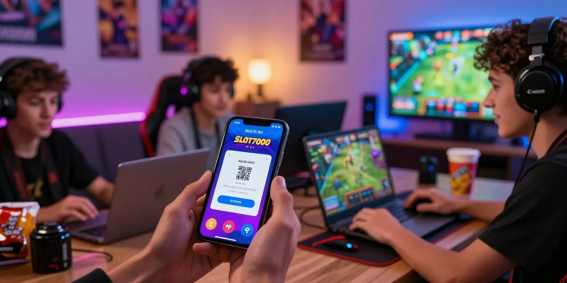 Engaging SLOT7000 online gaming scene with players enjoying the platform on mobile and laptop devices.