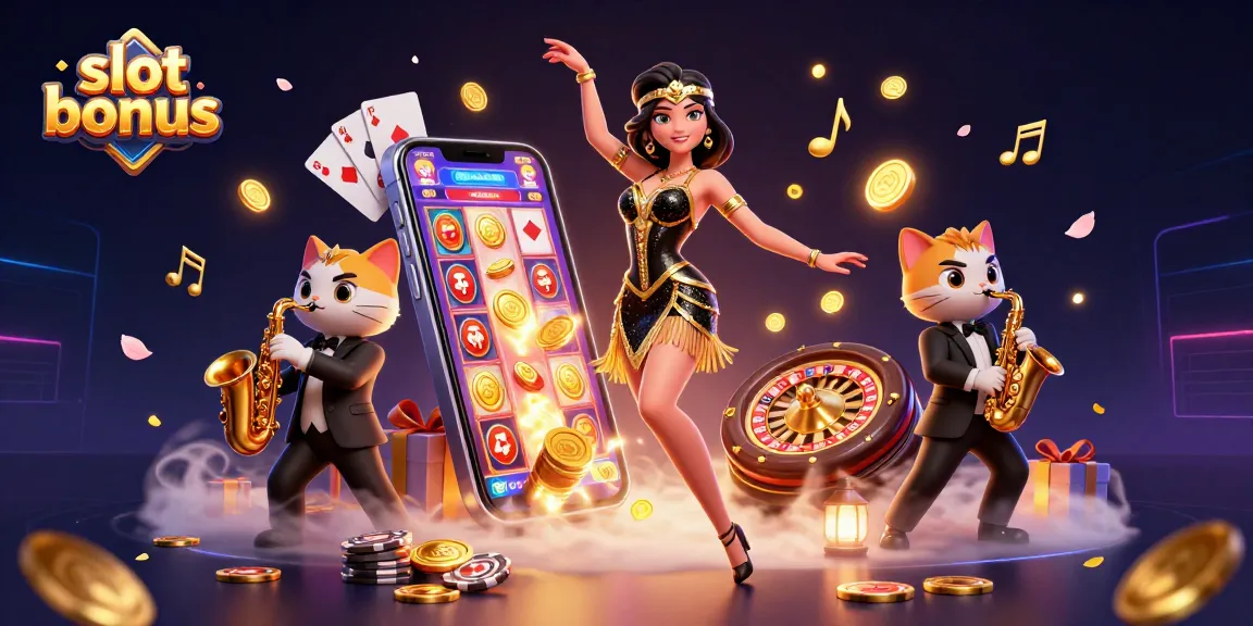 Experience slot bonus excitement with a dazzling woman and a saxophone-playing cat amidst swirling golden confetti.